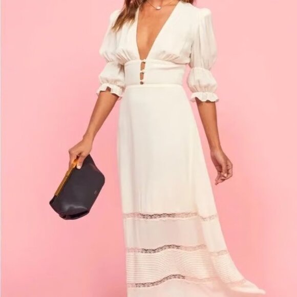 Reformation Ginny Dress – Ivory/White Midi – Lace & Pintuck Details – Size 6 - Picture 8 of 11